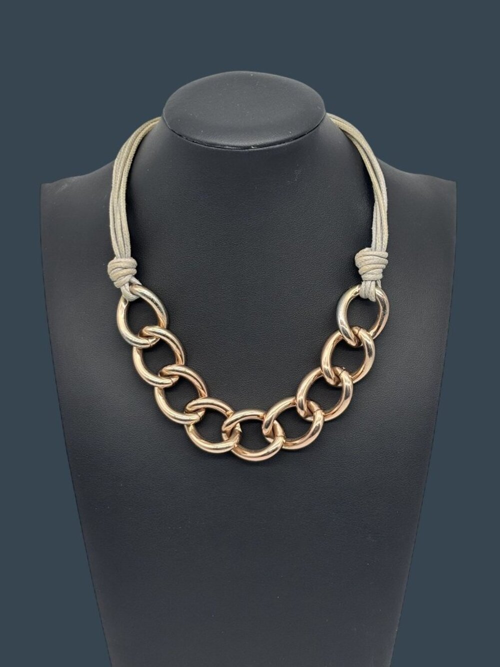 St. Thomas Necklace Chunky Large Rose Gold-Tone Curb Links Gray Cord, Adjustable - Picture 2 of 16
